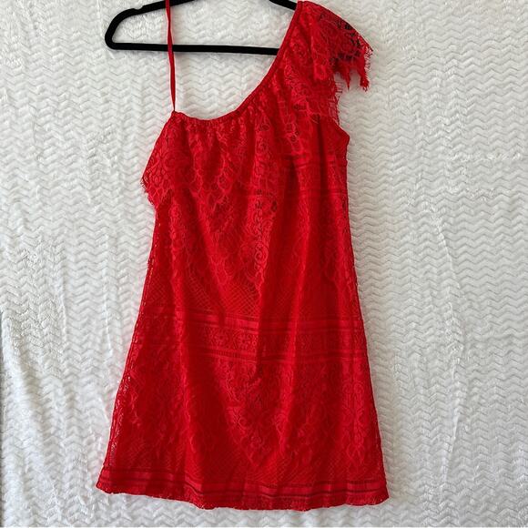 Love Fire One Shoulder Red Floral Lace Mini Dress Side Medium NWT - Picture 1 of 11